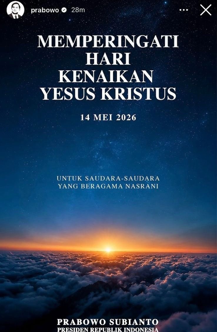 Prabowo Sampaikan Ucapan Peringatan Hari Kenaikan Yesus Kristus
